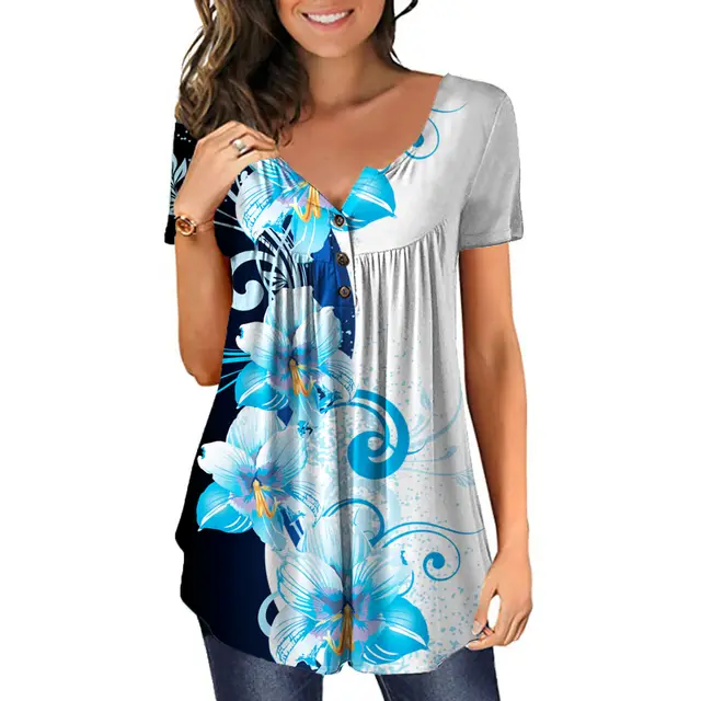 New Plus Size Printed Deep V Pullover Women's T Shirt Whiteflowers - Shop at LoveMi