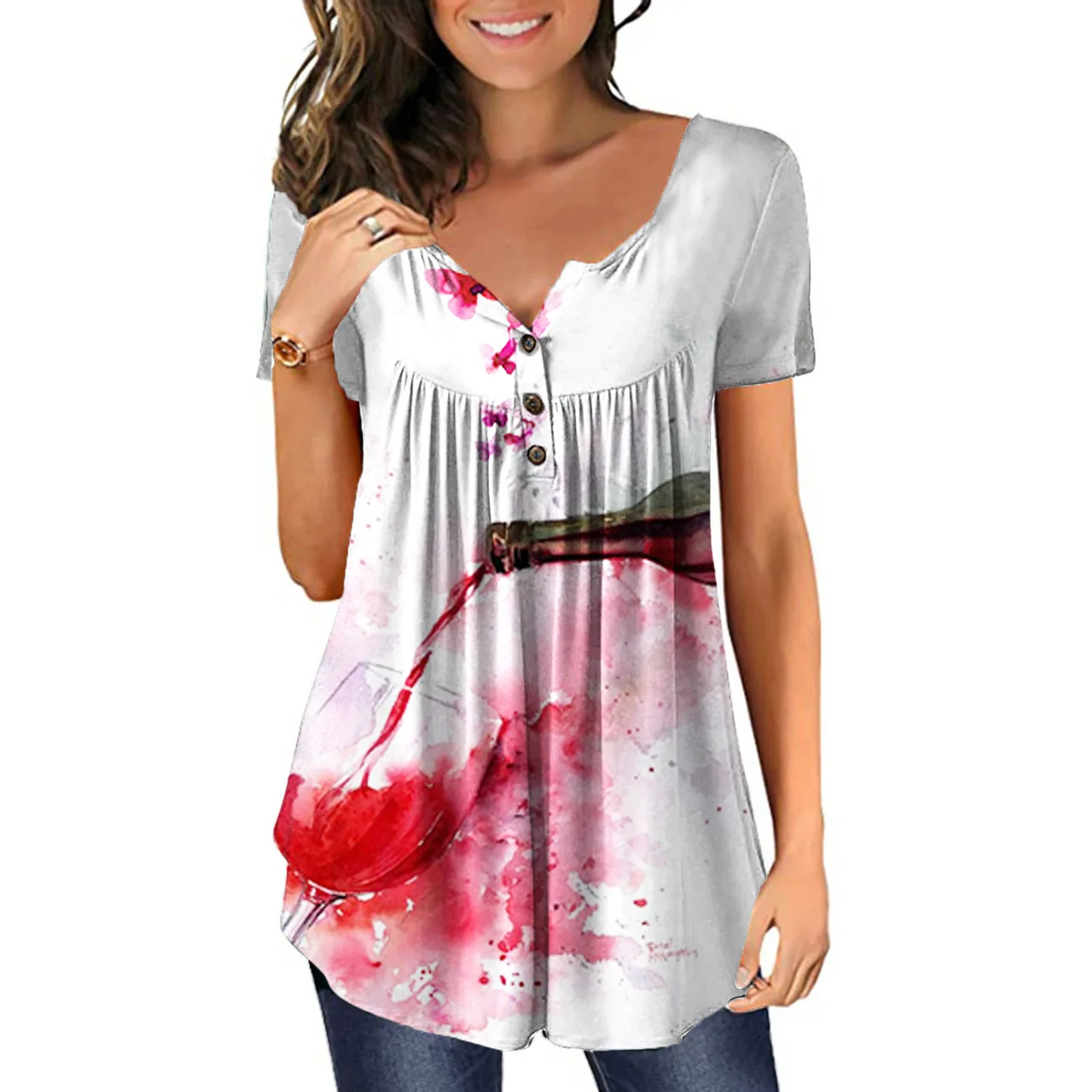 New Plus Size Printed Deep V Pullover Women's T-Shirt - Whitewine