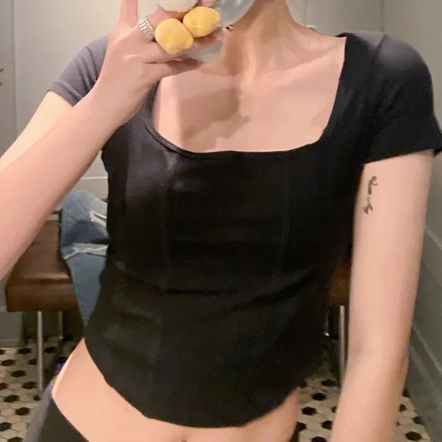 Short Sleeve Fishbone T Shirt With Square Neck And Floral Trim Black - Shop at LoveMi