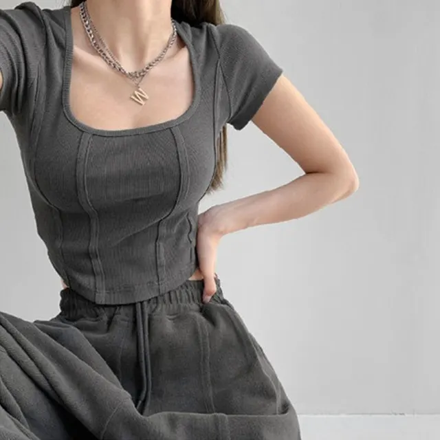 Short Sleeve Fishbone T Shirt With Square Neck And Floral Trim Dark Grey - Shop at LoveMi
