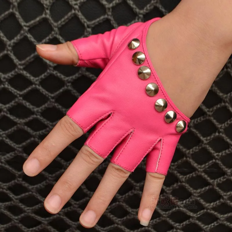 Punk Street Dance Studded Half Finger And Half Palm Performance - Rose Red