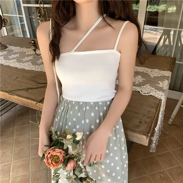 French Women's Short Top With Diagonal Shoulder Suspenders Beige - Shop at LoveMi