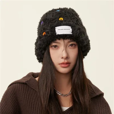 Women's Plush Woven Hat With Thick Warm Colored Buttons Black - Shop at LoveMi