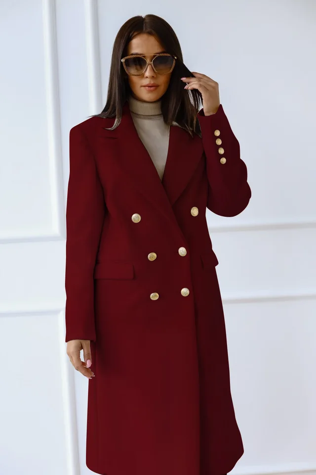 Autumn And Winter Long Metal Buckle Tweed Jacket For Women Dark Red - Shop at LoveMi