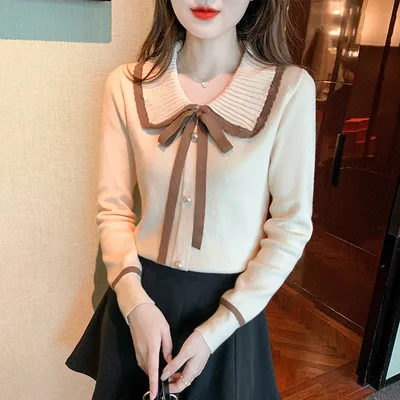 Doll Collar Knitted Sweater Women's Inner Design Long Sleeves Apricot - Shop at LoveMi