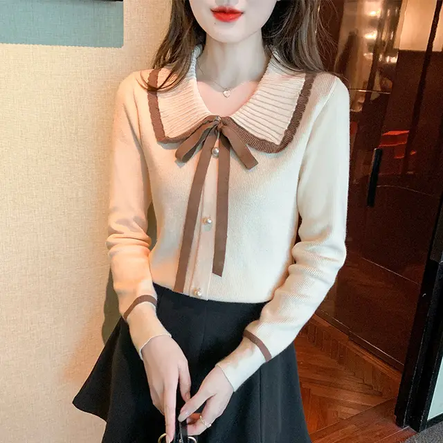 Doll Collar Knitted Sweater Women's Inner Design Long Sleeves Apricot - Shop at LoveMi
