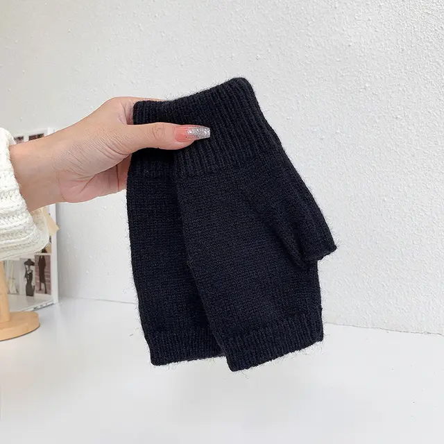 Women's Warm Knitting Wool Half Finger Gloves Black - Shop at LoveMi