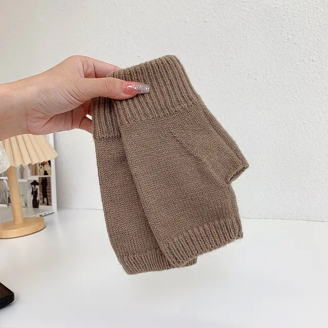 Women's Warm Knitting Wool Half Finger Gloves Coffee - Shop at LoveMi