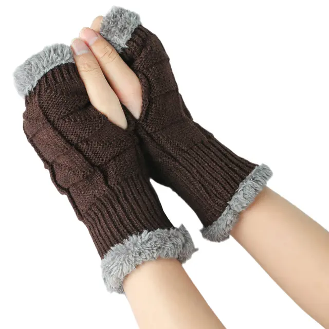Plush Gloves Knitted Wool Women's Warmth Coffee - Shop at LoveMi