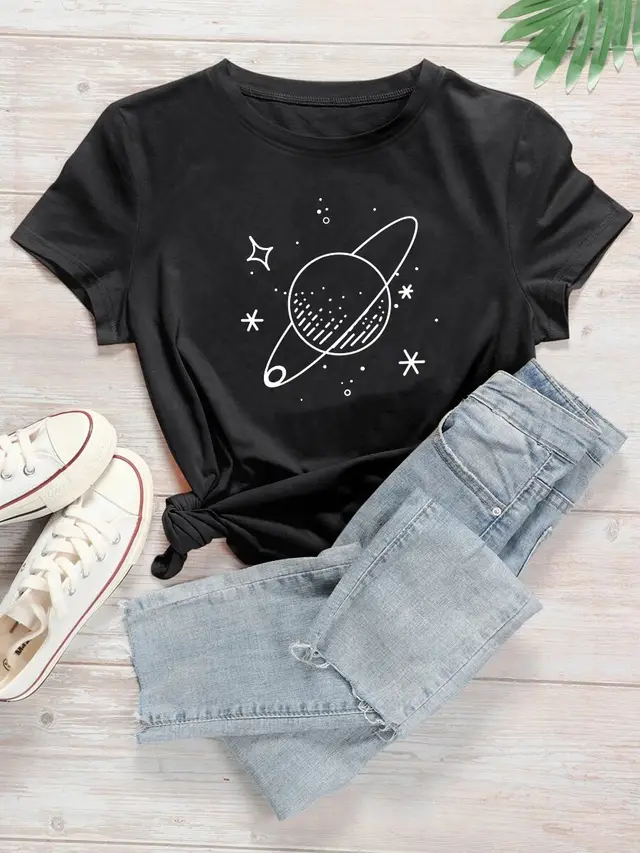 Women's Versatile Planet Print Casual Loose Short Sleeves Black - Shop at LoveMi