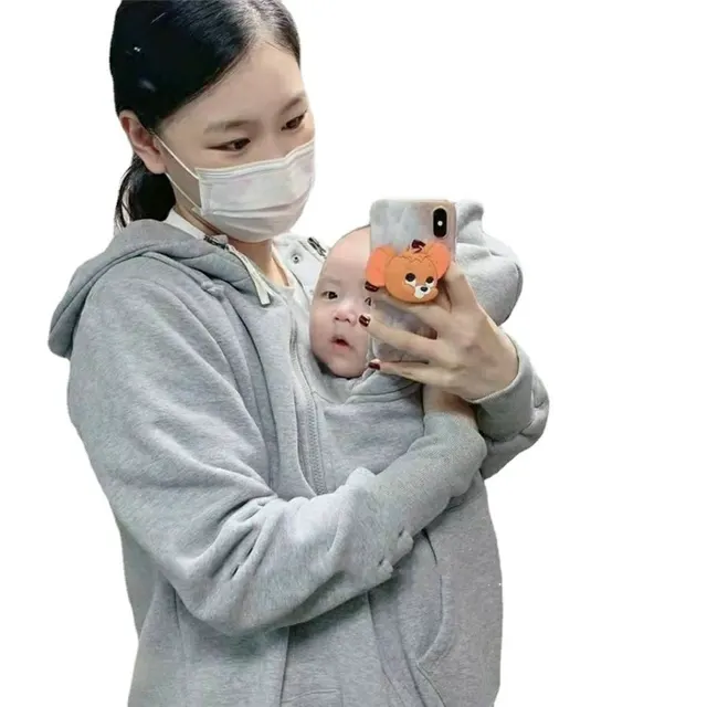 Kangaroo Mother Baby One piece Coat Plush Nursing Sweater Coat Grey Thin - Shop at LoveMi