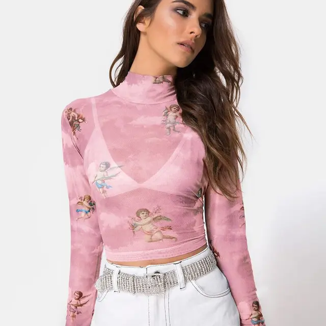 Women's New Cute Angel Print Mesh See through T shirt Top Pink - Shop at LoveMi