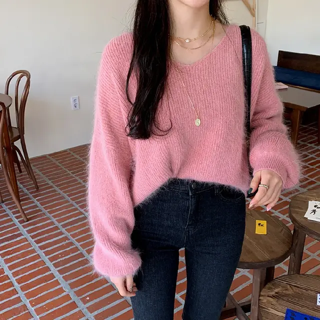 Mohair Pullover V neck Padded Sweater Woman Pink - Shop at LoveMi
