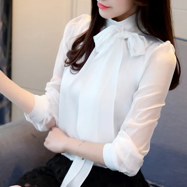 Fashion Bowknot Shirt Professional Chiffon Shirt Long Sleeve Slim Fit Slimming Top White - Shop at LoveMi