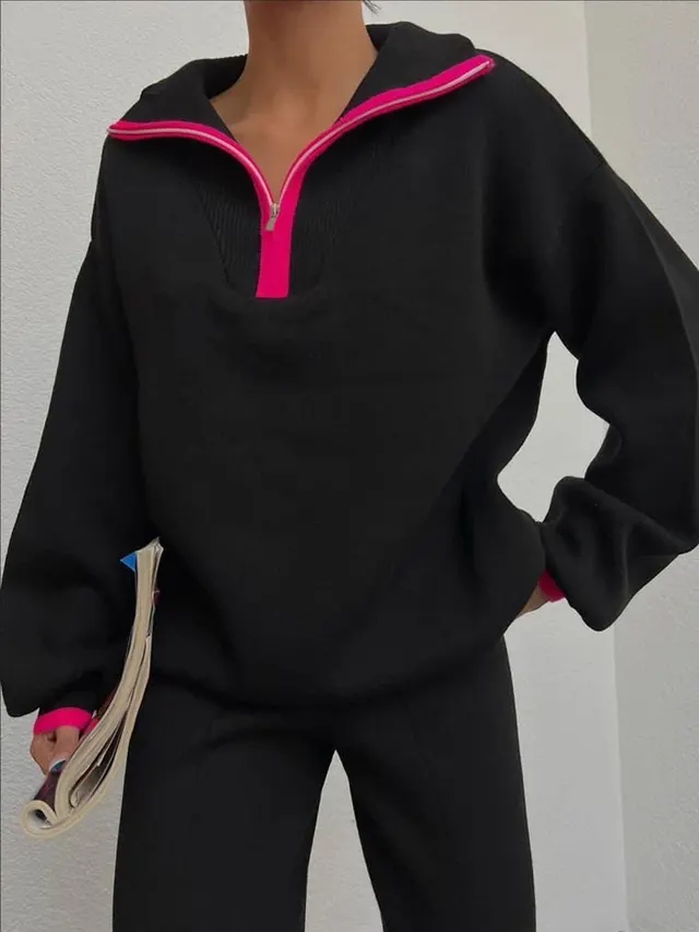 Women's Color Block Turtleneck Polo Zip Sweater Black - Shop at LoveMi