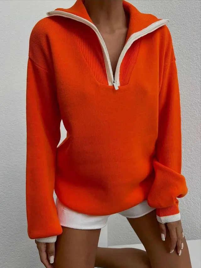 Women's Colour Block Turtleneck Polo Zip Sweater - Orange