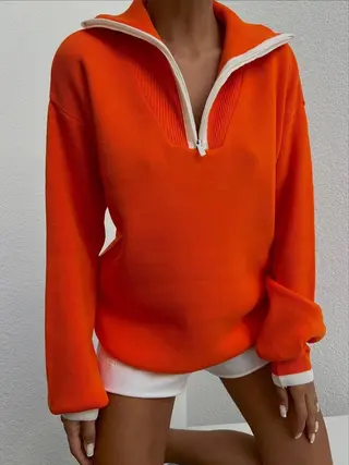 Women's Color Block Turtleneck Polo Zip Sweater - Orange