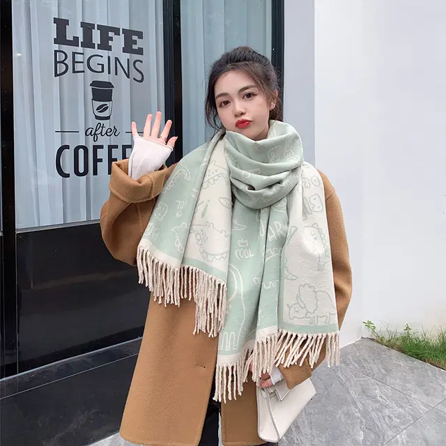 Printed Cashmere Shawl For Sun Protection In Autumn And Winter Dinosaur Light Green - Shop at LoveMi