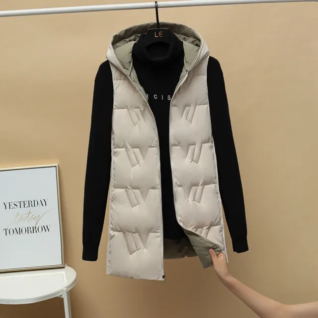 Double sided Vest Women's Winter Mid length Vest Korean Style Autumn And Winter Down Cotton Vest Thick Coat Beige - Shop at LoveMi