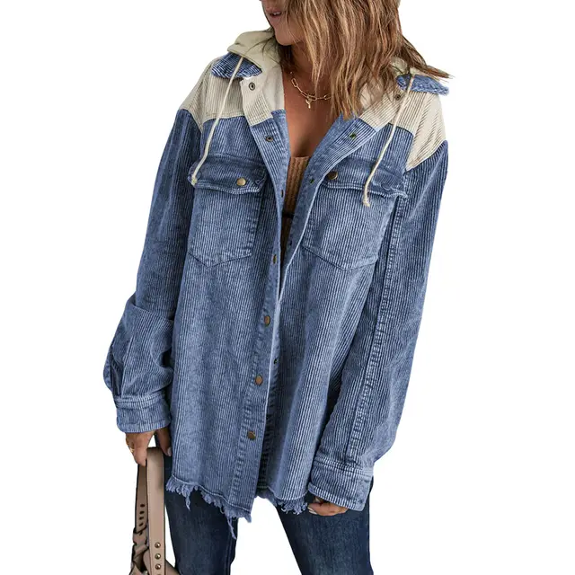 New Women's Loose Corduroy Cardigan Hooded Coat Lc8512025 Blue - Shop at LoveMi