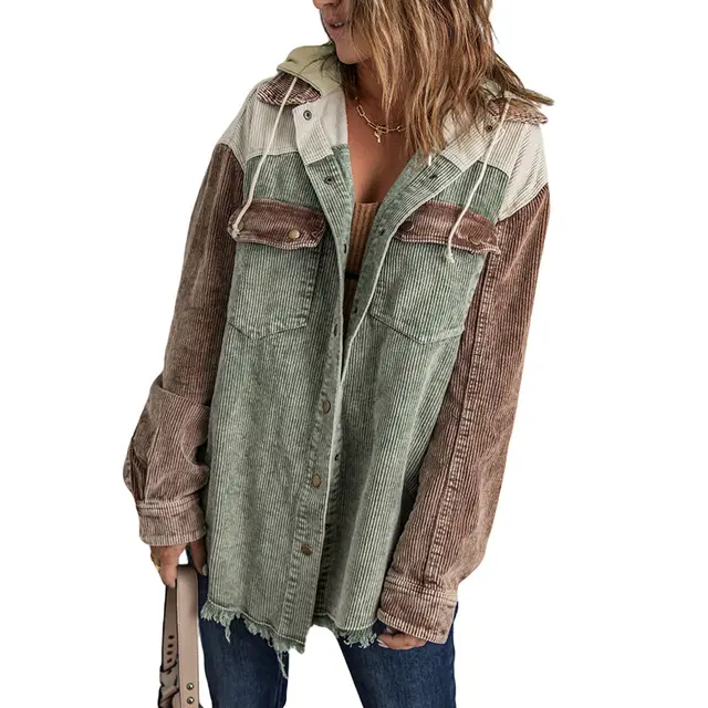 New Women's Loose Corduroy Cardigan Hooded Coat Lc8512025 Green - Shop at LoveMi