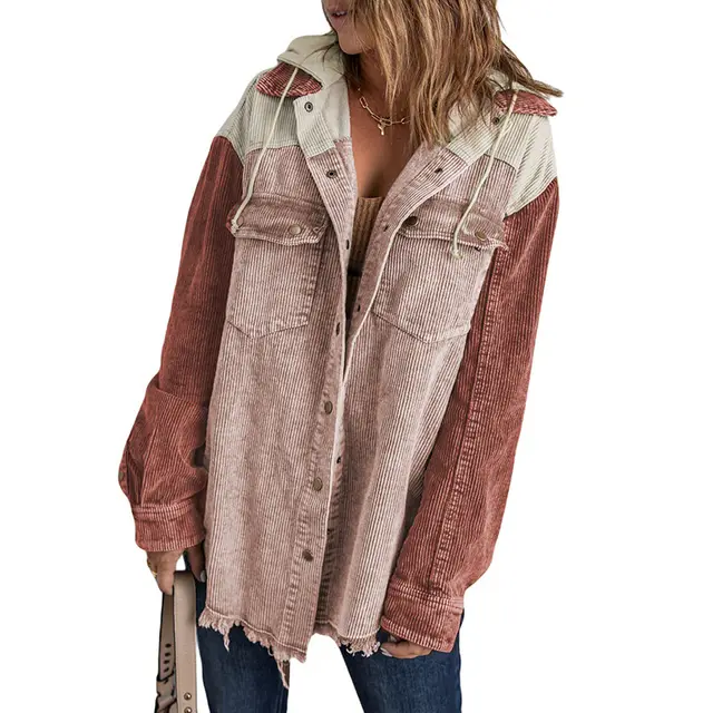 New Women's Loose Corduroy Cardigan Hooded Coat Lc8512025 Pink - Shop at LoveMi