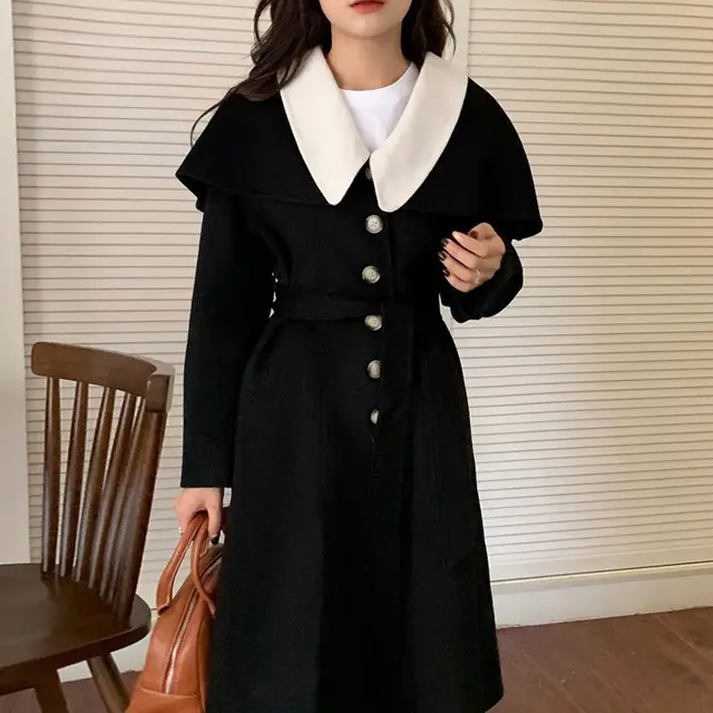 Gentle Cream Yellow Contrast Doll Collar Single Breasted Jacket Black - Shop at LoveMi