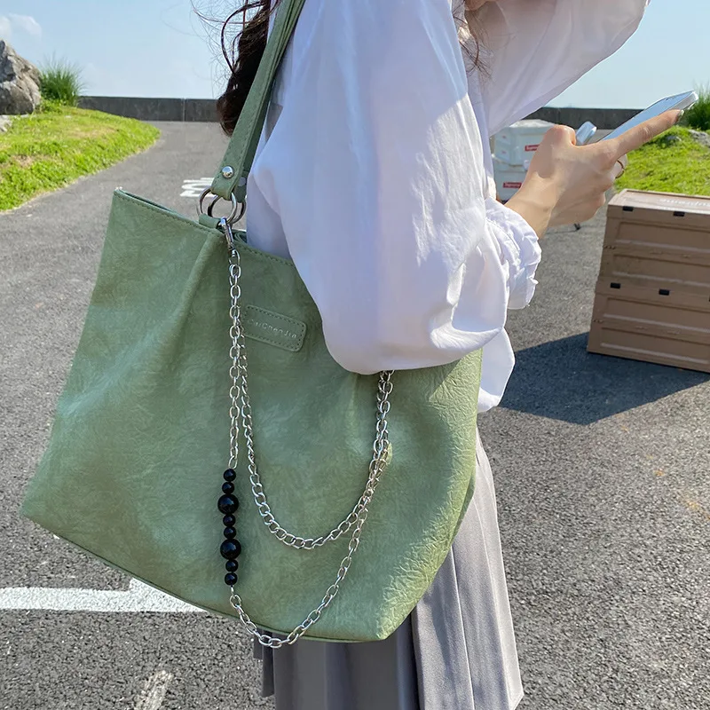Summer Textured Simple Large Capacity Commuter Tote Bag Green - Shop at LoveMi