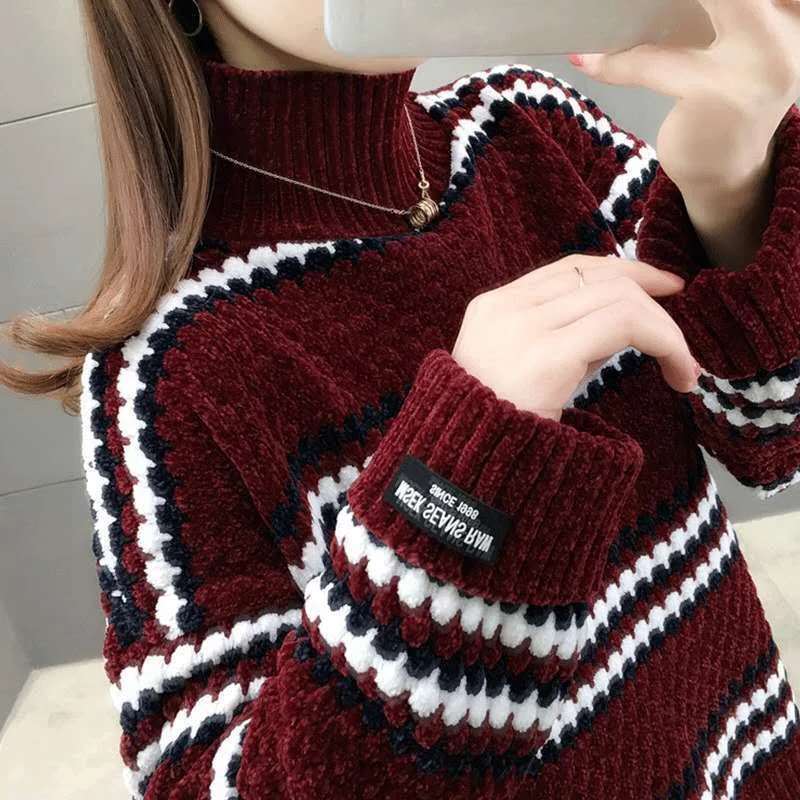 Chenille Sweater Women's Turtleneck Loose Student Claret Red - Shop at LoveMi
