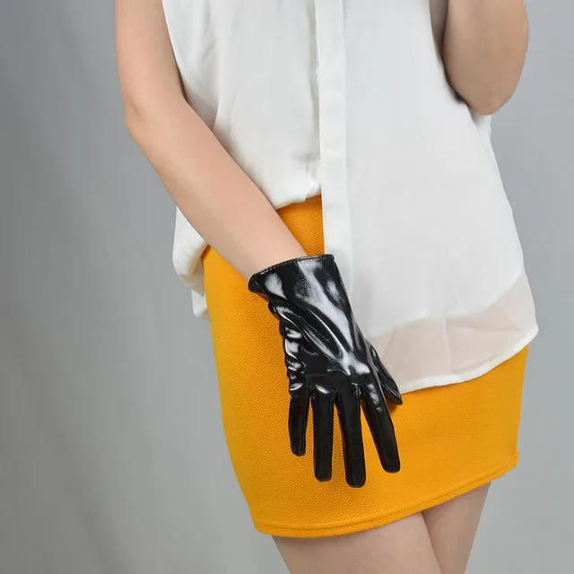 Patent Leather Short Gloves 21cm Bright Leather Mirror Uniform Army Control Green Military Style Black Patent Leather - Shop at LoveMi