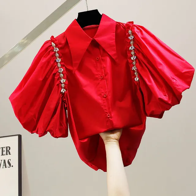 Diamond Decorated Sweet Big Bubble Sleeve Short Sleeve Red - Shop at LoveMi