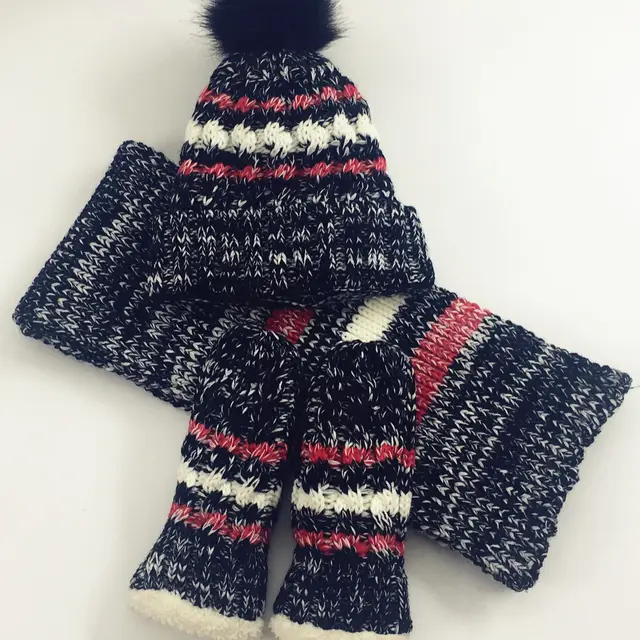 Color mixing Warm Knitted Scarf Hat Glove Set Black - Shop at LoveMi