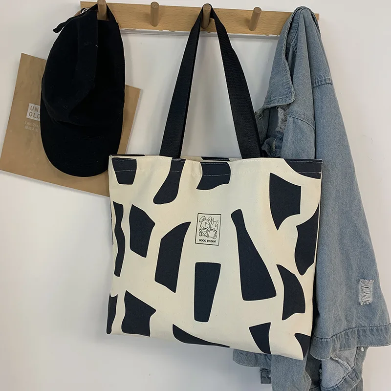 Ins Korean Style With Zip Literary Design Tote Canvas Bag - Black