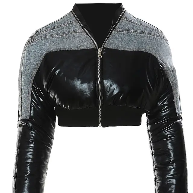 Spliced Denim Down Cotton Short Motorcycle Feeling Black - Shop at LoveMi