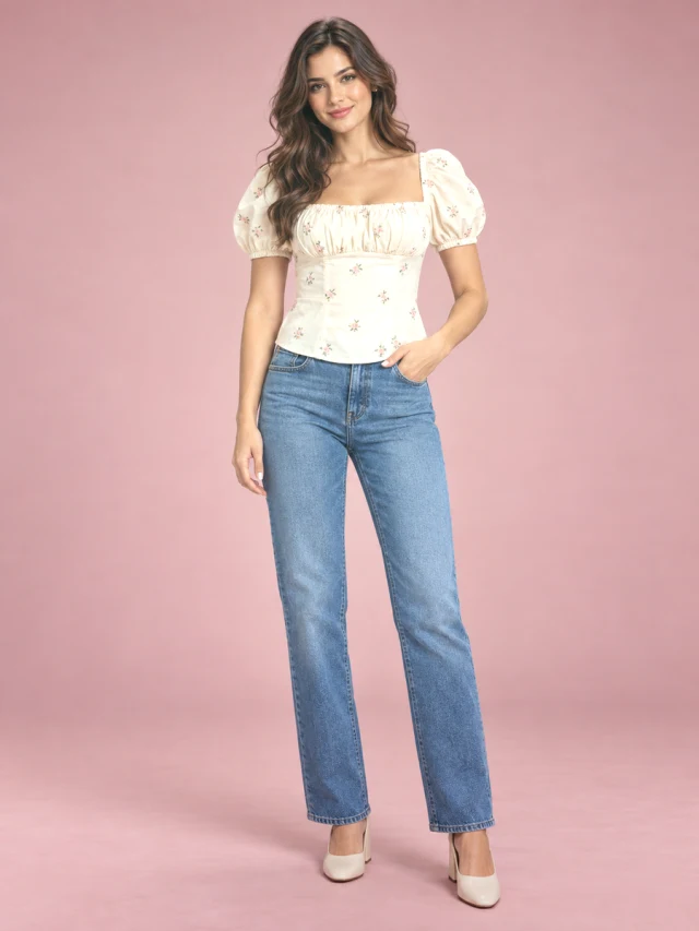 Square Neck Embroidered Bubble Sleeve Shirt For Women Apricot - Shop at LoveMi