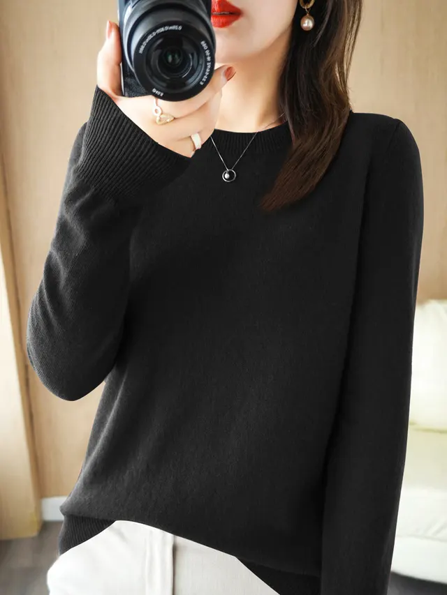 Wool Blended New Women's Loose Round Neck Solid Sweater Black - Shop at LoveMi