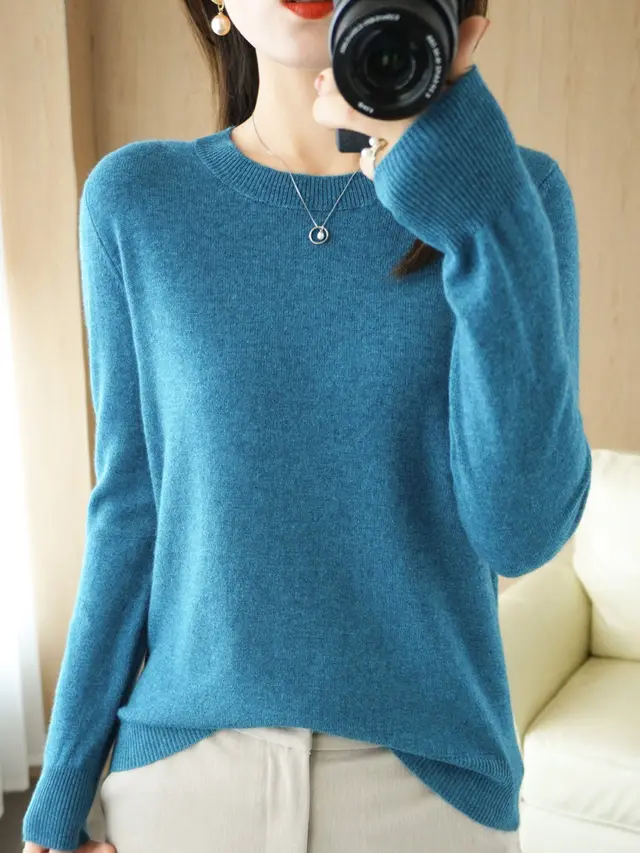 Wool Blended New Women's Loose Round Neck Solid Sweater Lake Blue - Shop at LoveMi