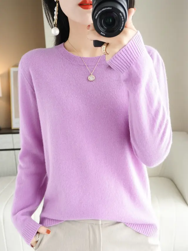 Wool Blended New Women's Loose Round Neck Solid Sweater Light Purple - Shop at LoveMi