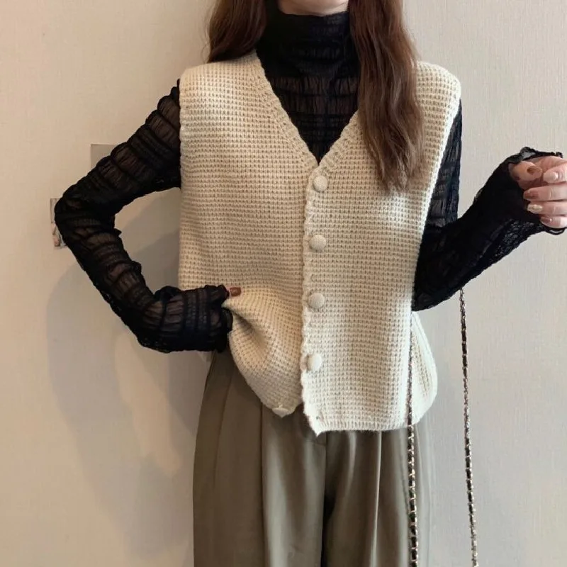 V Neck Knitted Cardigan Sweater Vest Apricot - Shop at LoveMi