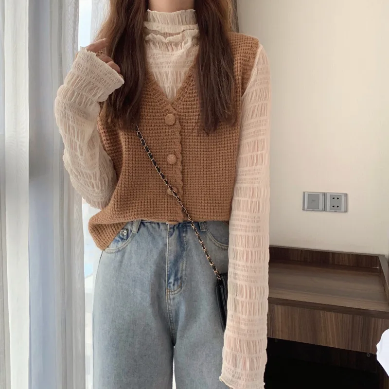 V Neck Knitted Cardigan Sweater Vest Deep Khaki - Shop at LoveMi