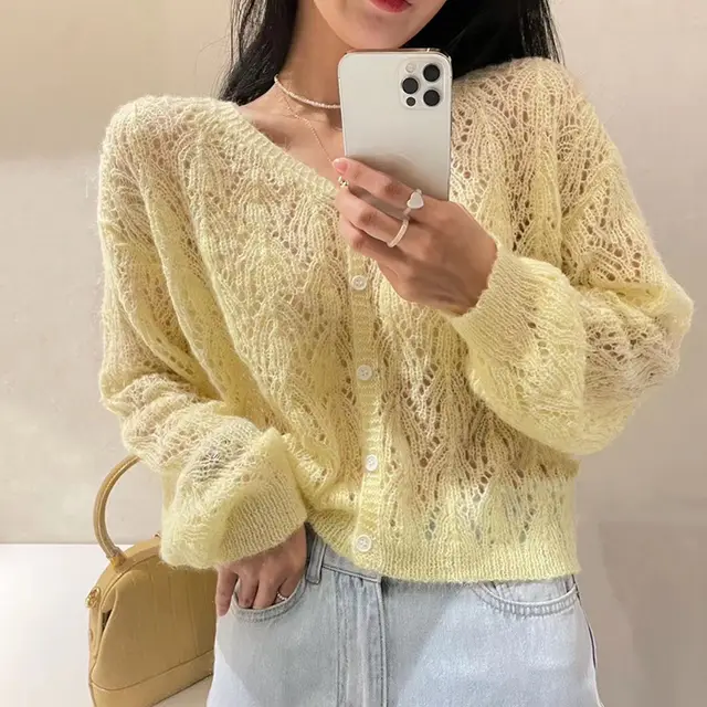 Summer V neck Mohair Knitted Cardigan For Women Yellow - Shop at LoveMi