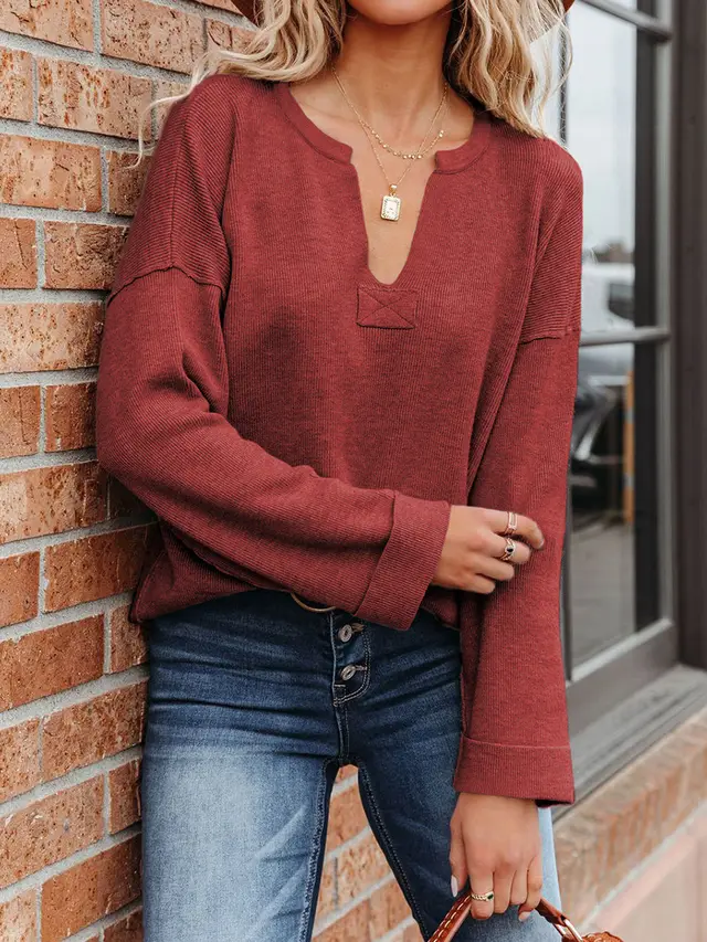 Solid V neck Knitted European And American Curly Sweater Women Wine Red - Shop at LoveMi