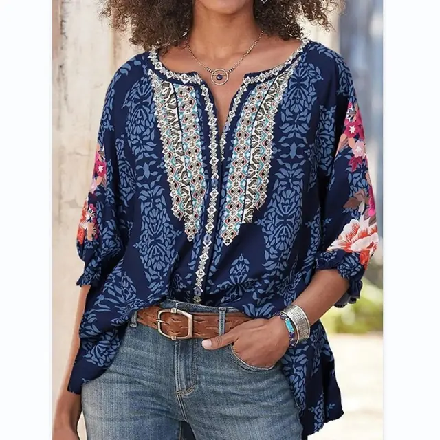 New Round Neck Folk Style Bat Sleeve Vintage Printed Blouse For Women Blue - Shop at LoveMi