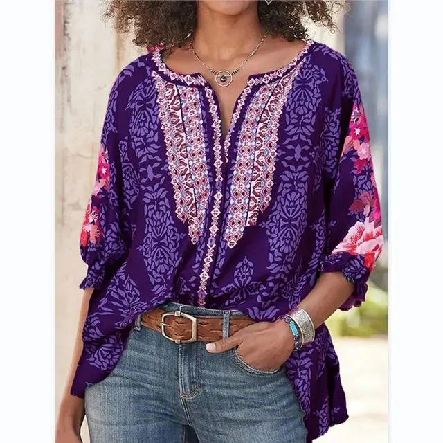 New Round Neck Folk Style Bat Sleeve Vintage Printed Blouse For Women Purple - Shop at LoveMi