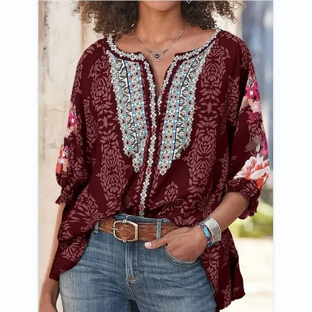 New Round Neck Folk Style Bat Sleeve Vintage Printed Blouse For Women Wine Red - Shop at LoveMi