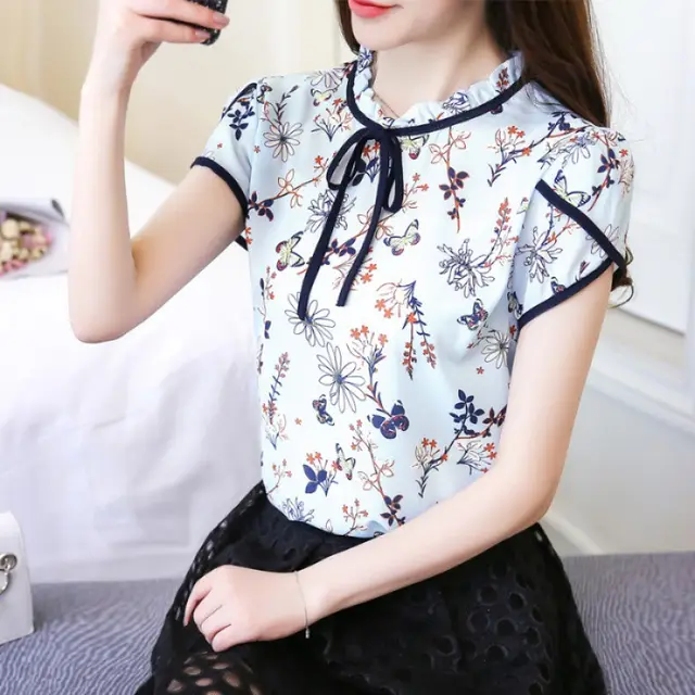 Summer Short sleeved Casual Chiffon T shirt Loose Floral Tie neck Printed Top Women's Shirt Light Blue - Shop at LoveMi
