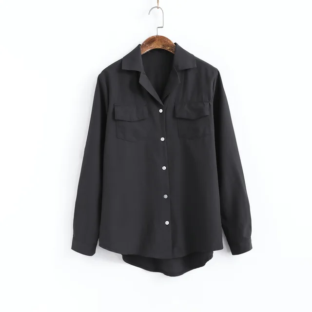 Long Sleeved Autumn Suit Collar Satin Shirt Women Black - Shop at LoveMi
