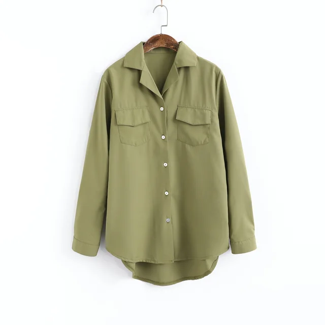 Long Sleeved Autumn Suit Collar Satin Shirt Women Green - Shop at LoveMi