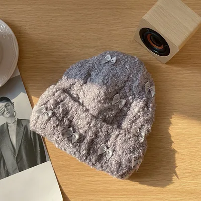 Rabbit Hair Bow Knitted Hat Grey - Shop at LoveMi