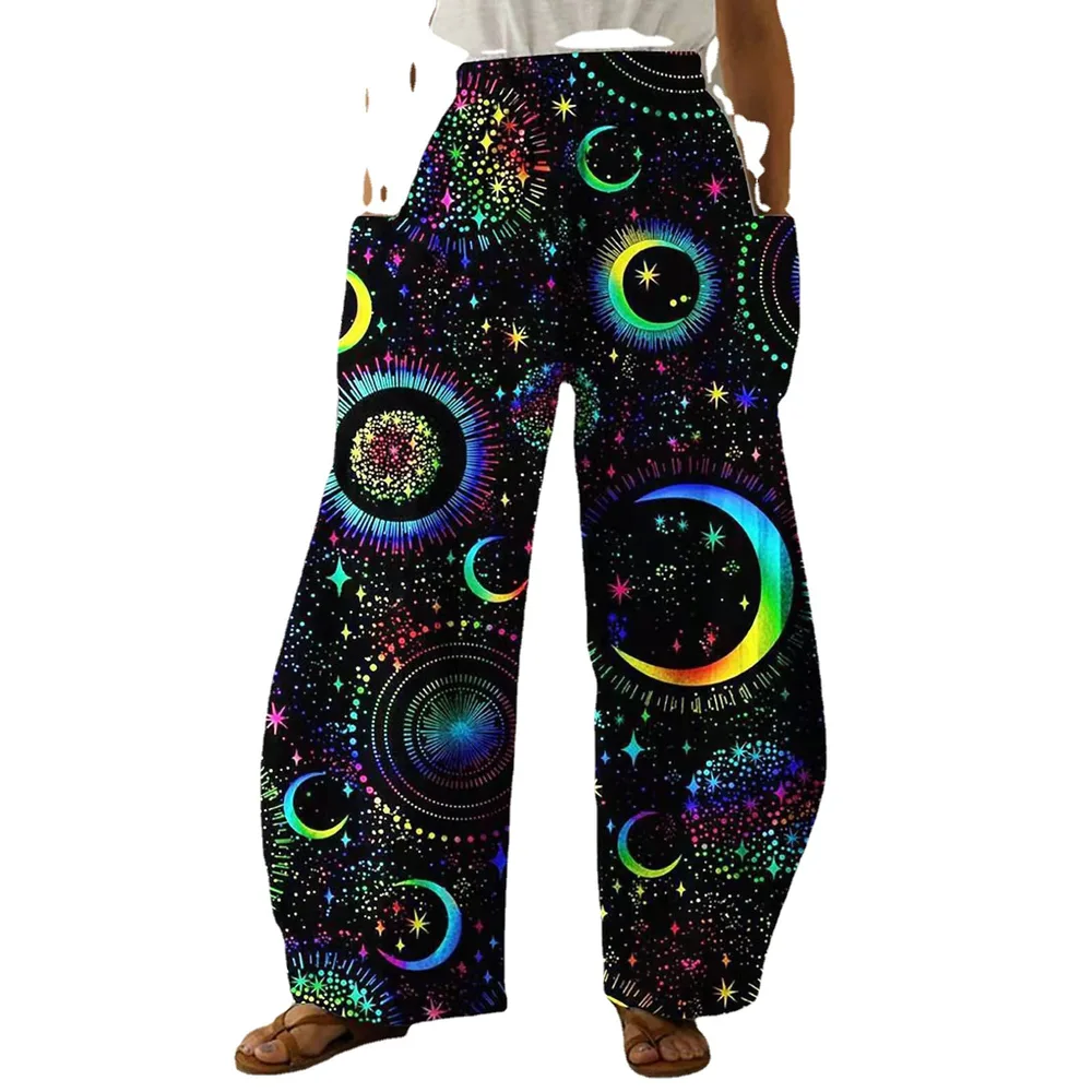 Summer Retro Elements 3D Printed Wide leg Trousers Elastic Waist Comfortable Home European And American Black Moon - Shop at LoveMi